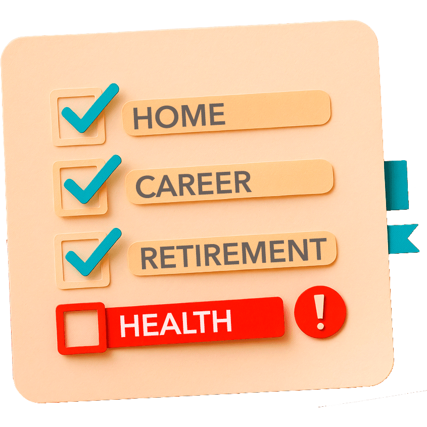 An incomplete checklist: life, career, and retirement are done, but health is unchecked.